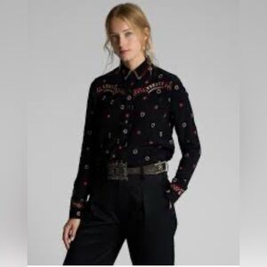 Ralph Lauren Double RL Black Blouse with Red Accents